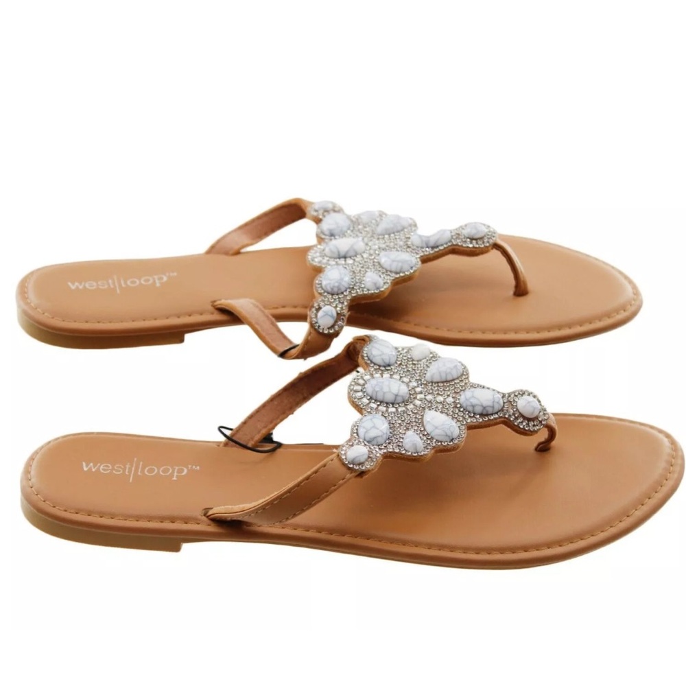 West Loop Women's White Beaded Flat Heel Sandals Size 7 / 8 New with Tags - Picture 2 of 3